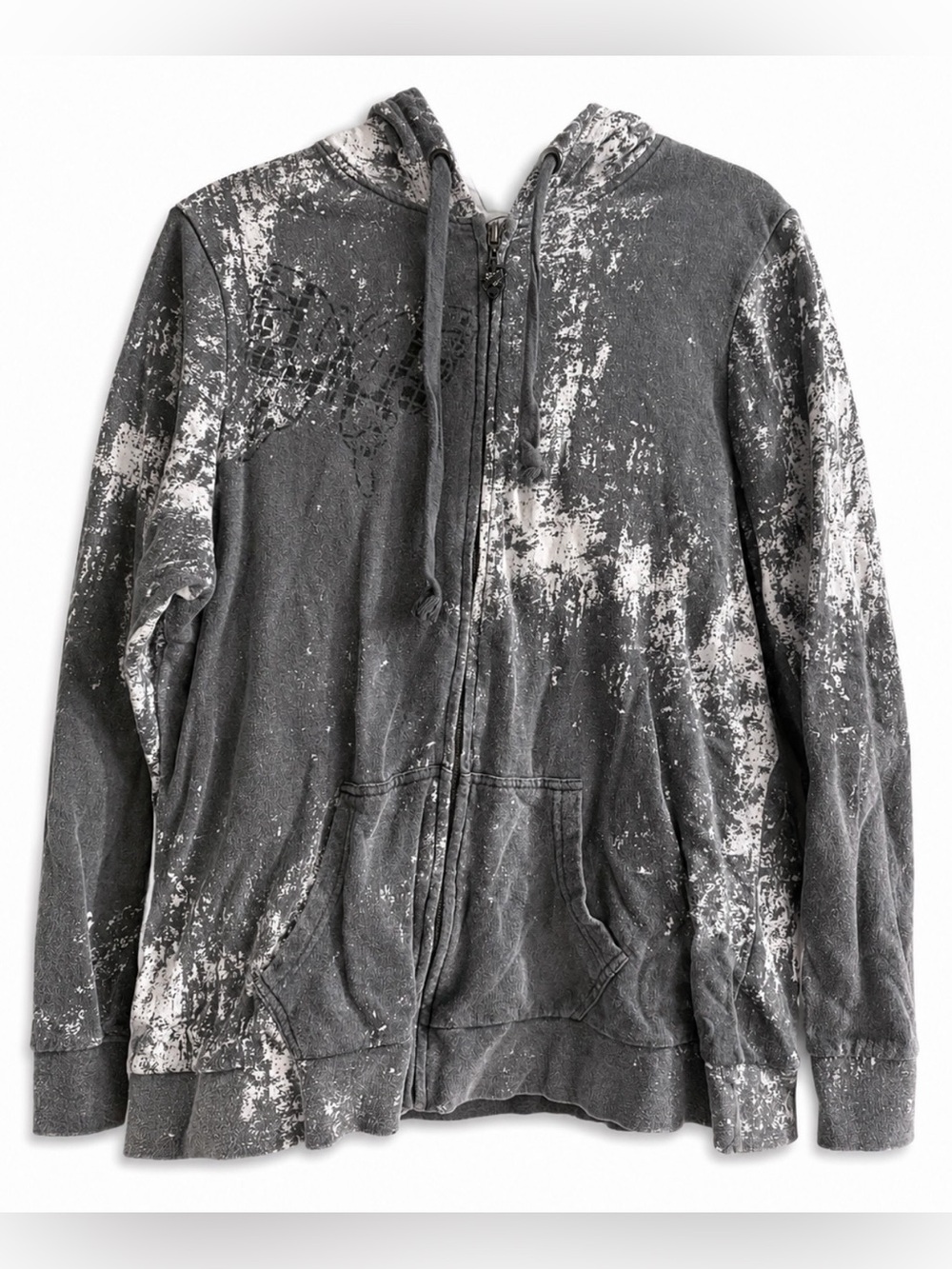 Ed Hardy Gray and White Distressed Zip-Up Hoodie